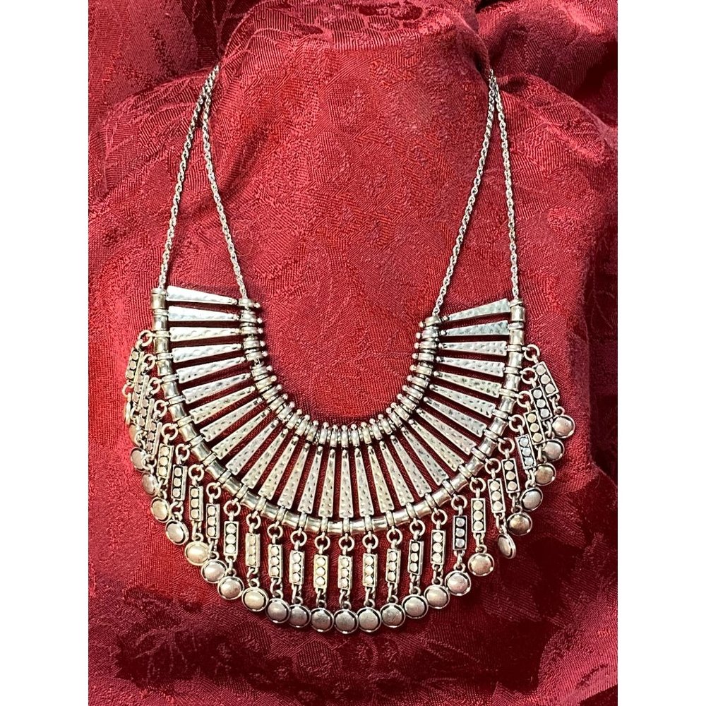 Vtg Egyptian Collar Bib Statement Necklace Signed "Q" Revival Boho Silver Tone